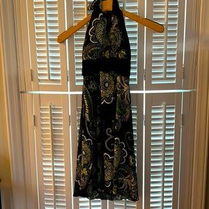 Floral print stretchy tie-neck halter neck dress - size 4
